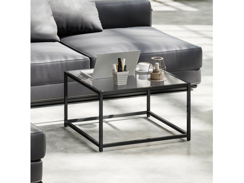  Table basse carrée fixe avec plateau en verre trempé et pieds en acier, style industriel noire, 68 × 68 × 39 cm  - Conforama D