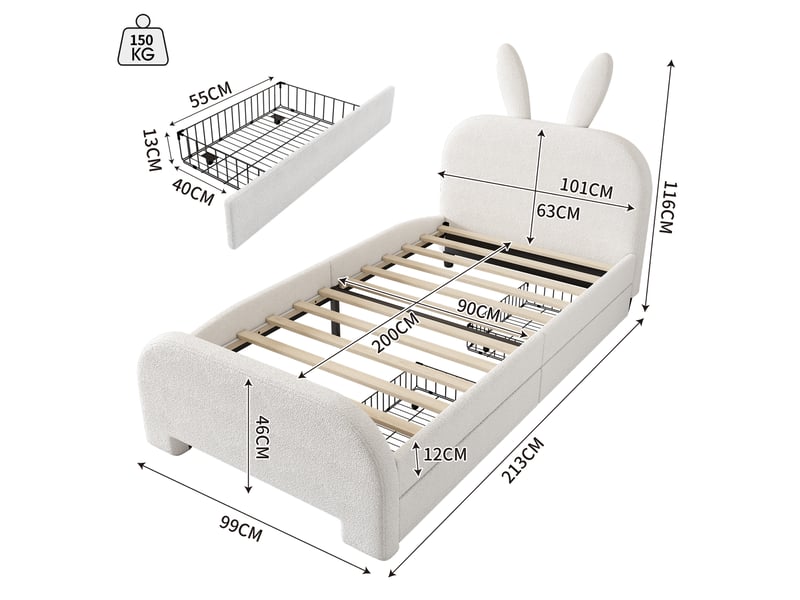  Lit enfant 90x200 cm, tiroirs, forme de lapin, dessin style cartoon, sommier, peluche blanc, sans matelas  - Conforama C