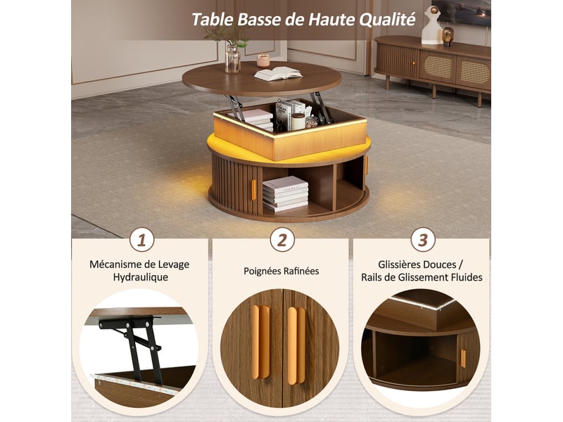  Table basse relevable avec led, 2 portes roulantes et rangements pour salon, 75 × 75 × 52 cm  - Conforama E