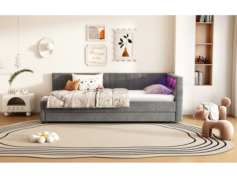 Lit enfant 90x200 cm (gigogne 90x190 cm) gain de place led couleur usb et type‑c rangements lin mdf gris sans matelas - Conforama B