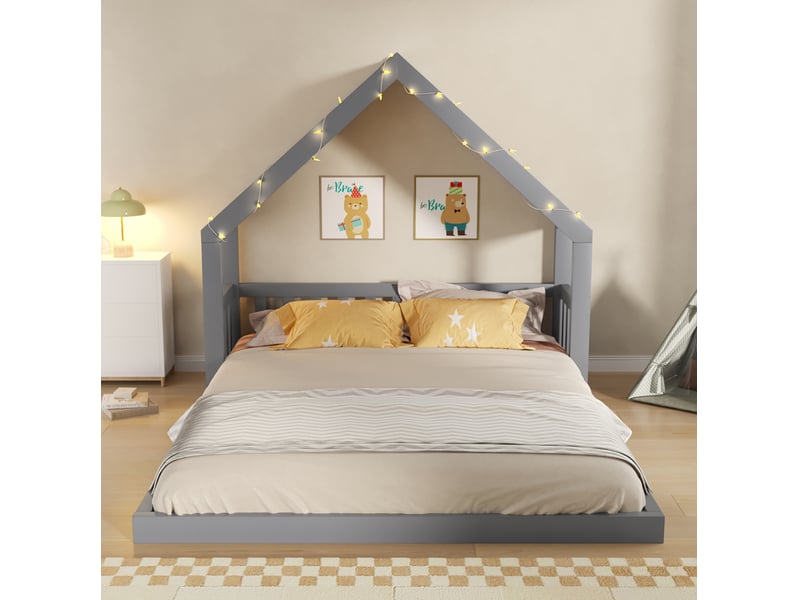  Lit cabane 140x200 cm, toit textile et guirlande lumineuse, sommier à lattes, mdf et pin, gris sans matelas  - Conforama D