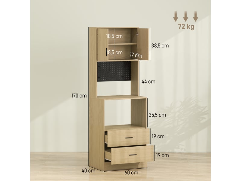  Meuble micro-ondes, buffet, 2 tiroirs, 2 portes, plan de travail, étagère réglable, 4 crochets, panneau perforé, naturel  - Conforama C