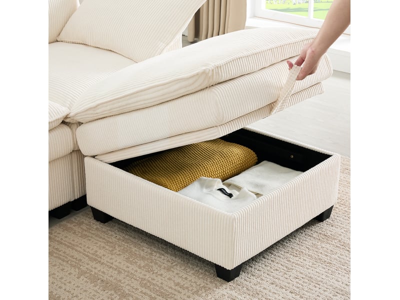  Canapé d'angle modulable 6 places en velours côtelé beige avec rangement, usb et porte-gobelets intégrés  - Conforama D