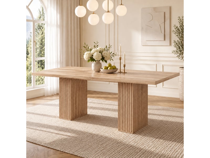 Table à manger extensible 150-190x90x75cm pour 6 à 8 personnes, avec rangement et plateau épais, style scandinave, effet chêne  - Conforama E