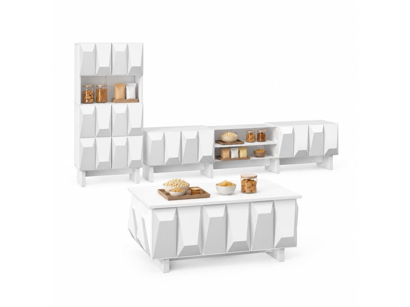  Meuble tv avec vitrine et table basse, façades géométriques 3d, rangements ouverts et fermés, pour salon, blanc  - Conforama A