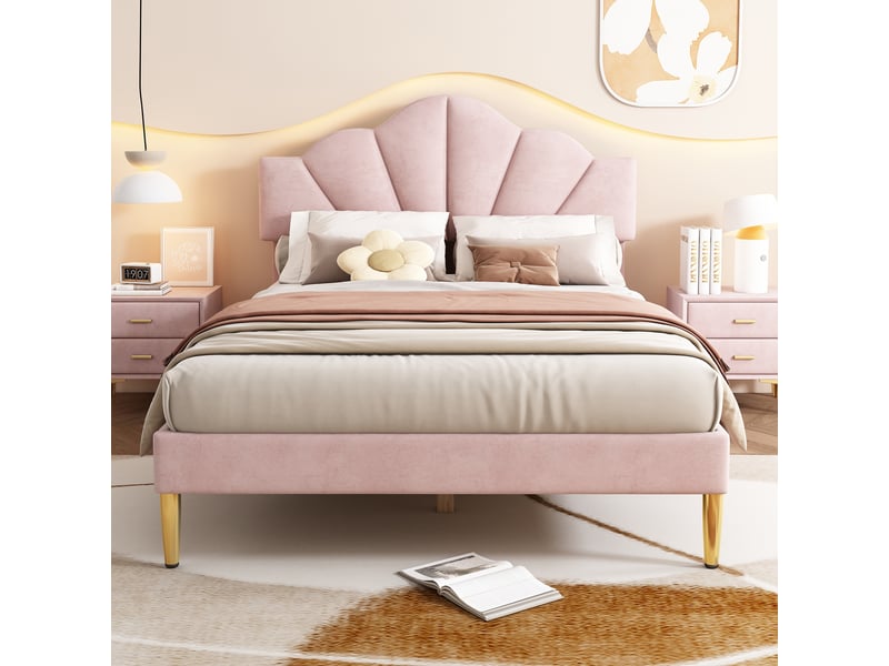  Lit enfant 140x190 cm, lit en forme de coquille avec pieds en fer doré, tête de lit réglable en hauteur, sommier à lattes en bois, rose  - Conforama E