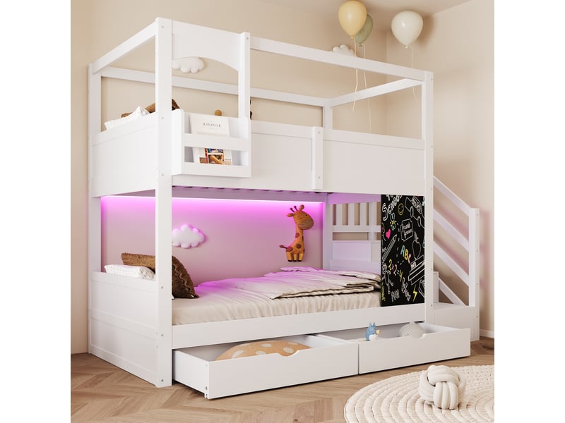  Lit superposé enfant 90 × 200 cm 2 places avec échelle de rangement, 2 tiroirs et tableau, sans matelas, blanc  - Conforama C