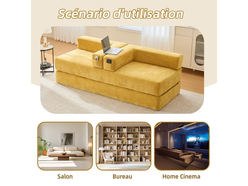 Canapé modulable chenille jaune moutarde 198 x 79 x 60 cm, convertible avec poches latérales, salon bureau 198x79x60cm - Conforama E