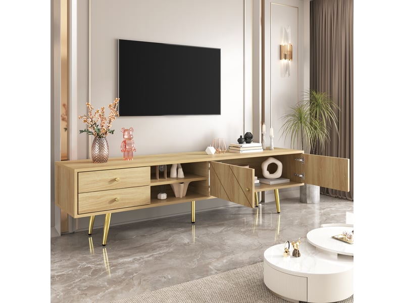  Meuble tv 160 cm avec pieds dorés, 2 tiroirs, portes à rainures inclinées, couleur bois  - Conforama D
