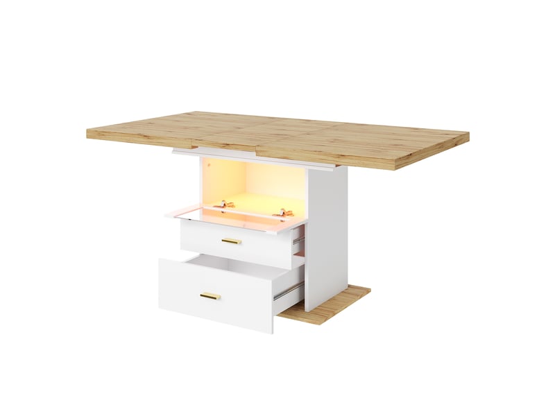  Table à manger extensible,110-140x80x75 cm,avec rangement led,mdf,blanc effet bois  - Conforama D