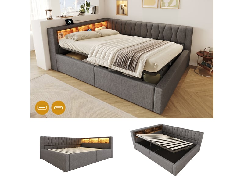  Lit de jour, canapé-lit, 140 x 200 cm, sans matelas, suspension hydraulique, avec bande led à intensité variable, étagère pratique et port usb, gris  - Conforama B