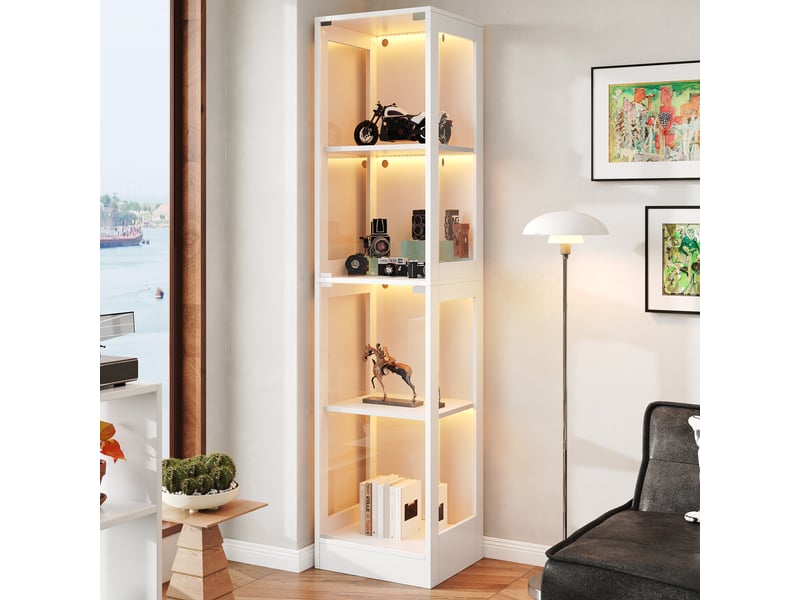 Vitrine led avec porte en verre, 4 niveaux, 40 x 35 x 170 cm, mdf blanc - Conforama D