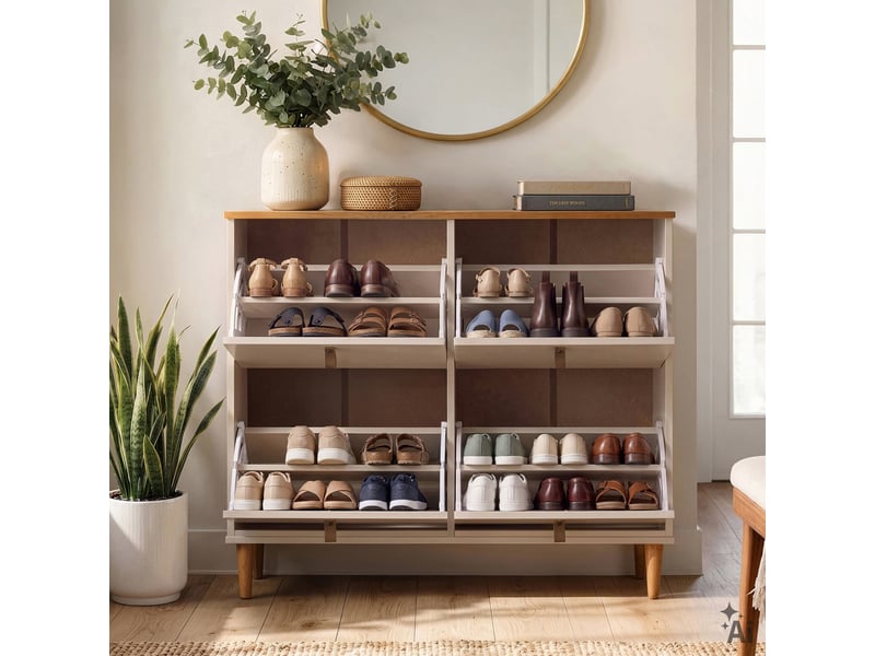  Meuble à chaussures mikka avec 4 abattants en pin massif - blanc cachemire et chêne  - Conforama D
