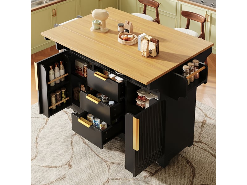  Îlot de cuisine mobile 120 x 40 x 95 cm, plateau extensible, 3 tiroirs, 2 portes et roulettes, noir, style contemporain  - Conforama D