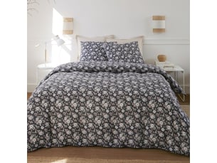 Parure housse de couette 260x240cm + 2 taies motif fleuri bleu marine 100% gaze de coton - kusia
