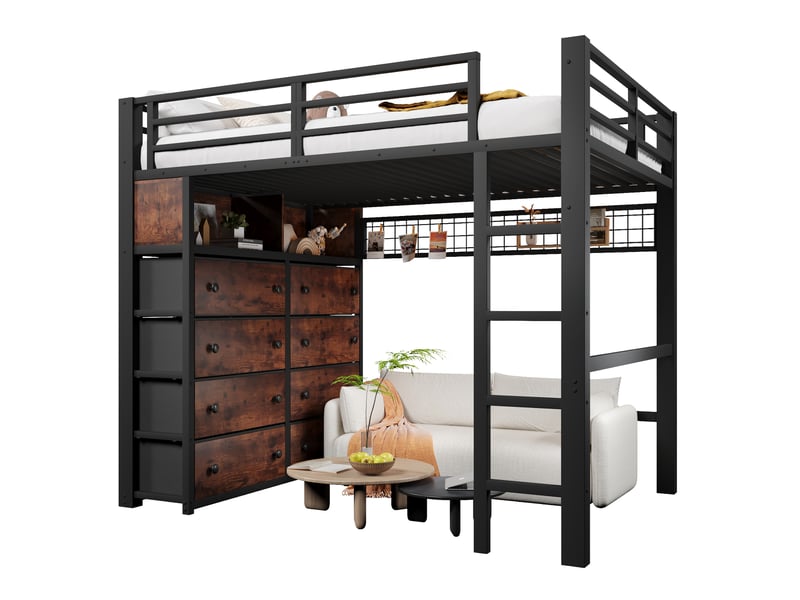  Lit mezzanine enfant 2 places 140×200 cm, 8 tiroirs, led et étagères - okmyhome- noir, sans matelas  - Conforama A