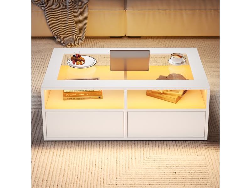  Table basse blanche avec led, table de salon en verre trempé avec 2 tiroirs et rangement ouvert, design moderne double couche, 100x50x35 cm  - Conforama C