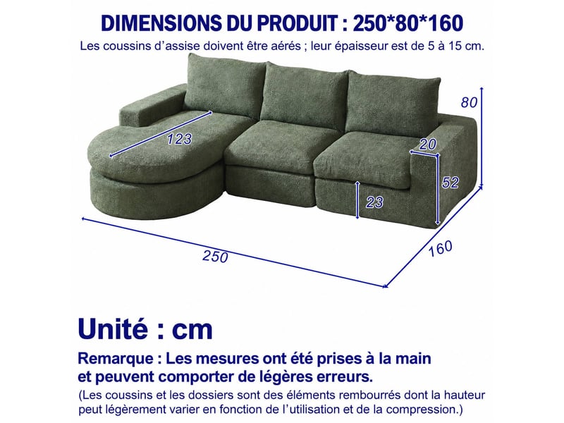  Canapé d’angle, chenille, modules courbes et méridienne, compressé sans armature, mousse, 80x250x160 cm, vert  - Conforama C