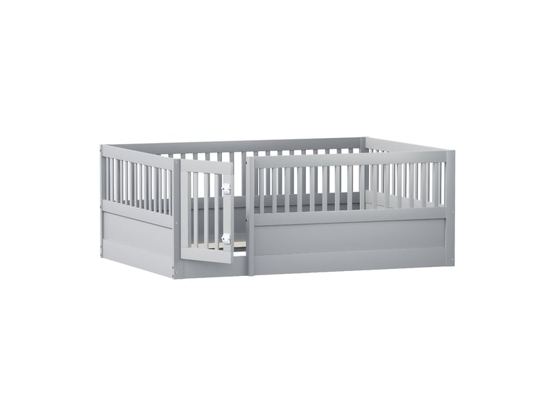  Lit enfant 140x200cm,lit double,lit au sol en bois massif avec clôture et 1 petite porte,gris lit enfant gris - Conforama E