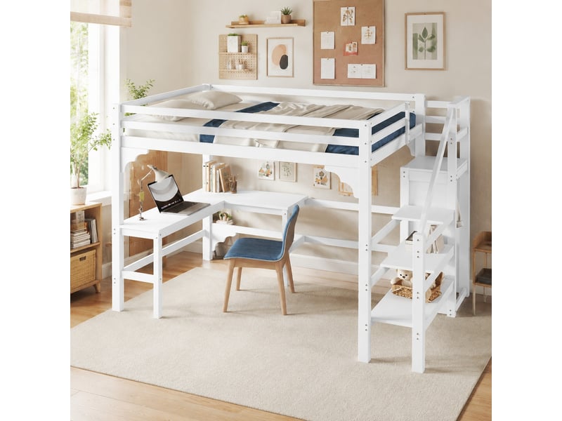  Lit mezzanine 140x200 cm avec bureau en l, armoire ouverte, en pin et mdf, blanc  - Conforama B