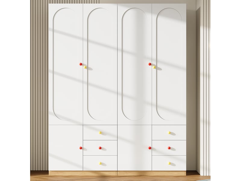  Armoire 2 pièces avec 4 portes, 6 tiroirs et tringles, poignées en céramique, pour chambre d'enfant, blanc 160 × 50 × 200 cm  - Conforama D