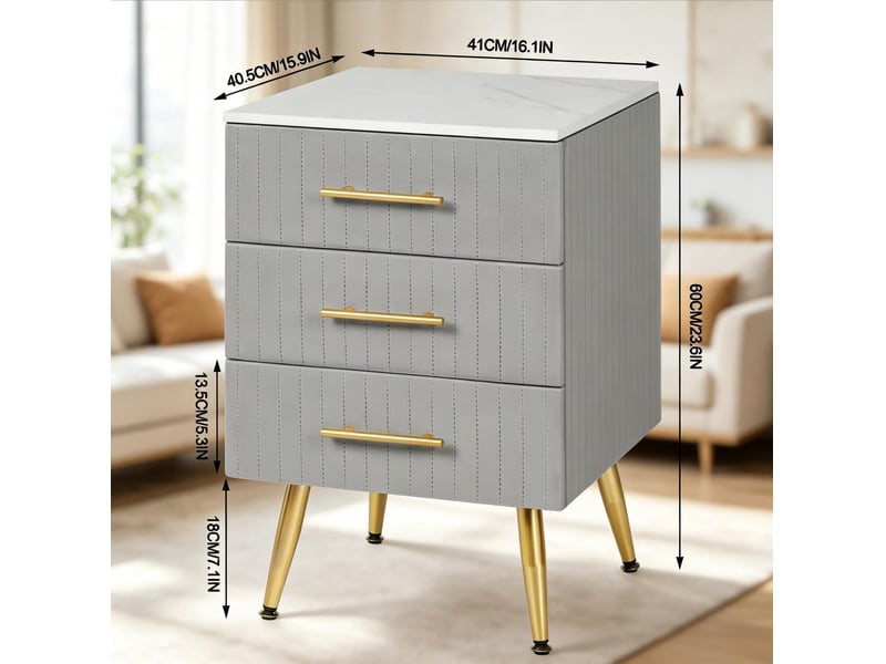  Table de chevet grise à 3 tiroirs – velours, mdf et pieds métal dorés – 41 x 40,5 x 62 cm  - Conforama D