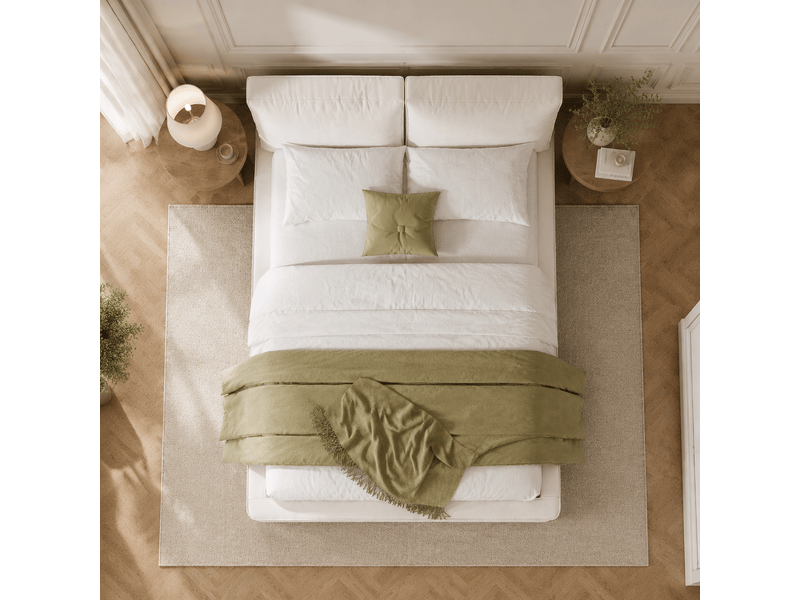  Lit double 180x200 cm, lit rembourré, sommier à lattes, tête de lit rembourrée, tissu chenille beige  - Conforama D
