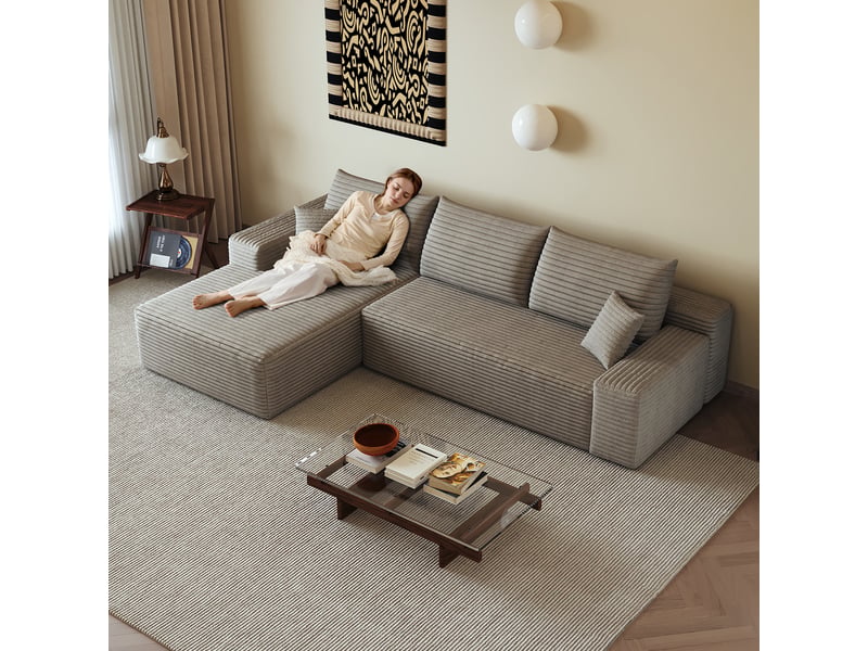  Canapé modulable 270 cm avec méridienne, canapé d'angle sans montage avec assise profonde et mousse haute élasticité, en velours côtelé, camel Seren Glow - Conforama E