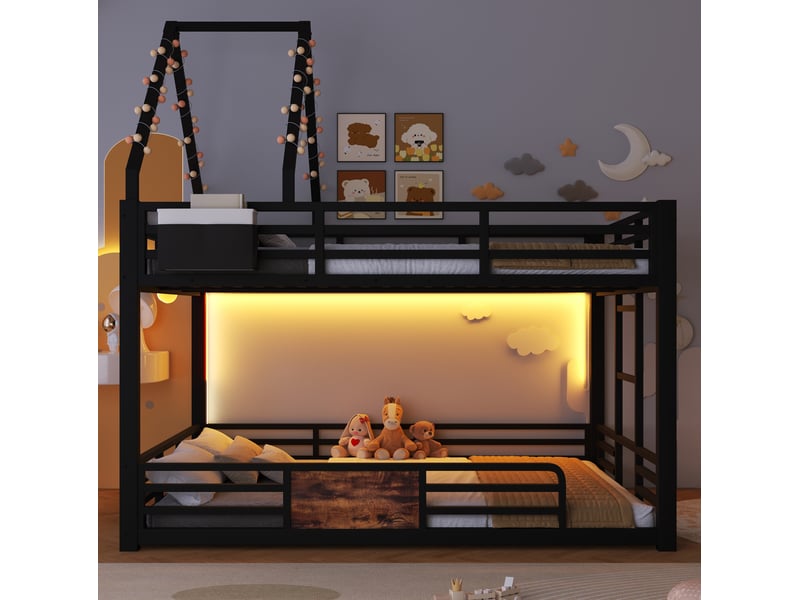 Lit superposé 140x200 cm avec led et poches de rangement en métal noir, sans matelas - Conforama B