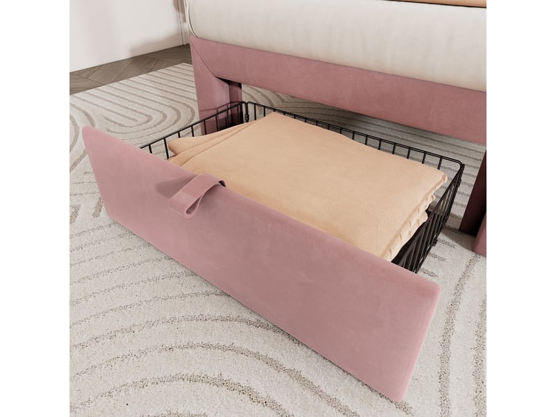  Lit enfant 90x200 rose en velours avec led, tête de lit réglable motif floral et tiroir de rangement  - Conforama W