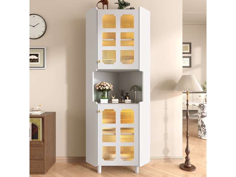 Meuble d’angle blanc en mdf, finition laquée, led, rangement multifonction - Conforama B
