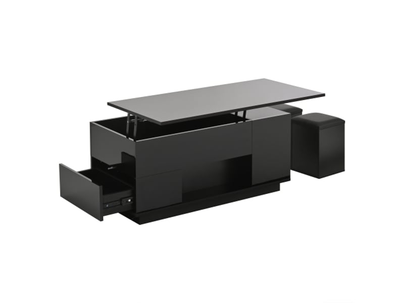  Table basse 4-en-1 noire - hauteur réglable, led, canapé et 2 tabourets, 50 kg  - Conforama E