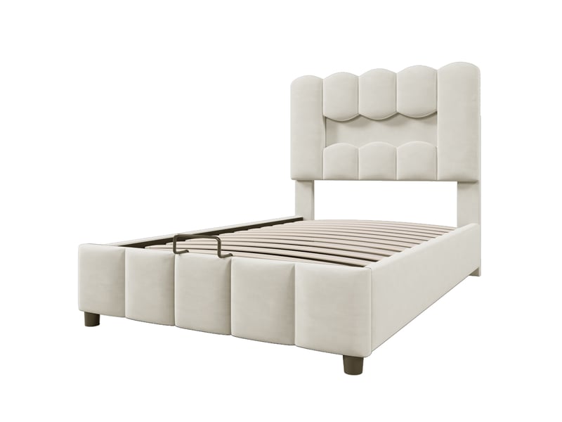  Lit rembourré beige 90x200 cm en velours avec led, rangement hydraulique, tête réglable  - Conforama D