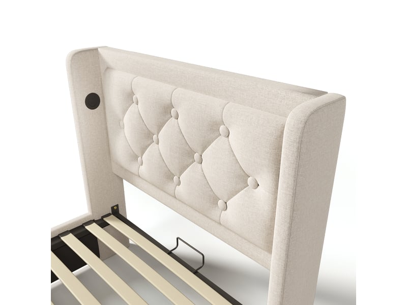  Lit coffre simple 90x200 cm en coton beige avec rangement hydraulique, usb, type-c et led, matelas inclus  - Conforama E