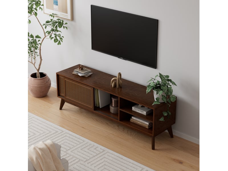  Meuble tv en mdf et bois, portes aspect rotin, noyer foncé, 150 x 40 x 50 cm  - Conforama D