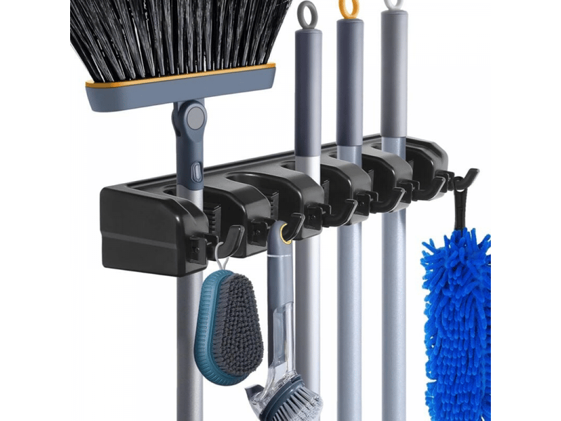 Support mural pour balais et serpillères, organiseur d'outils de jardin, de rangement et d'organisation avec crochets, robuste, noir - Conforama A