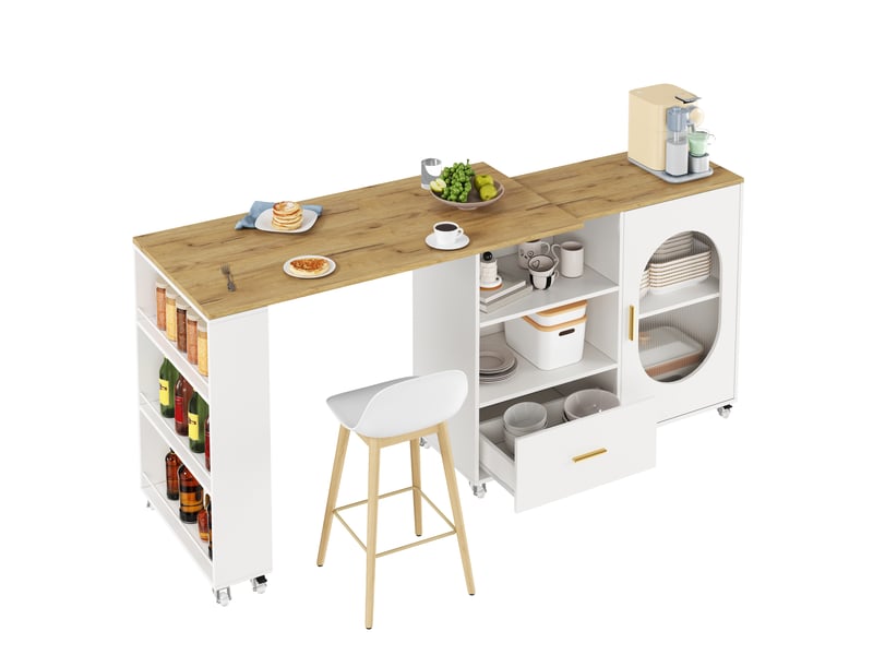  Îlot de cuisine extensible 120-180×60×90cm sur roulettes,table de bar rotative à 360 avec tiroirs et rangement,table à manger mobile,blanc  - Conforama A