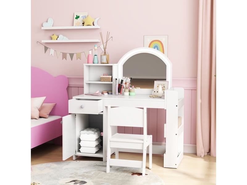  Coiffeuse pour enfants avec tabouret et miroir led, table de maquillage pour 3 à 8 ans, 88,6 x 38,8 x 96,9 cm, blanc  - Conforama D