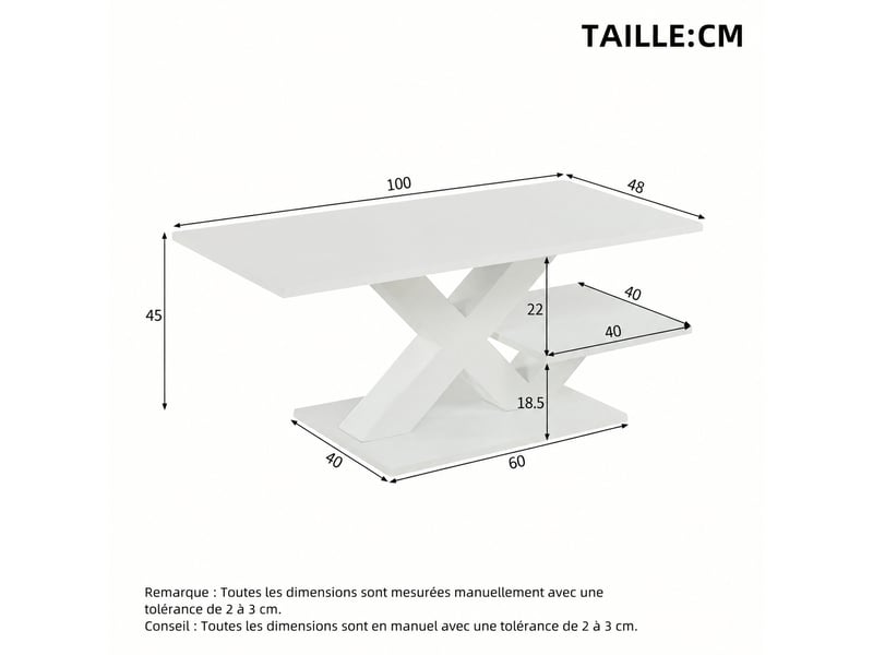  Table basse blanche rectangulaire à deux plateaux avec pieds en x, effet brillant, 100 x 48 x 45 cm  - Conforama E