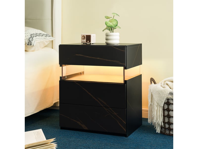  Table de chevet avec 3 tiroirs et led rgb pour chambre en bois d’ingénierie noir et or  - Conforama B