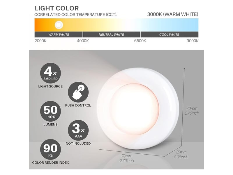  Lot de 6petits spots led tactiles, adhésifs, à piles, intérieur, armoires, armoires, armoires de cuisine, blanc chaud  - Conforama E