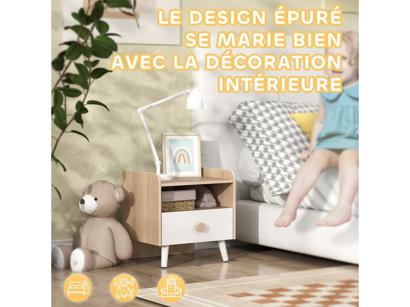  Table de chevet enfant table de nuit enfant avec tiroir et niche, petite table d'appoint en bois pour chambre d'enfant  - Conforama E