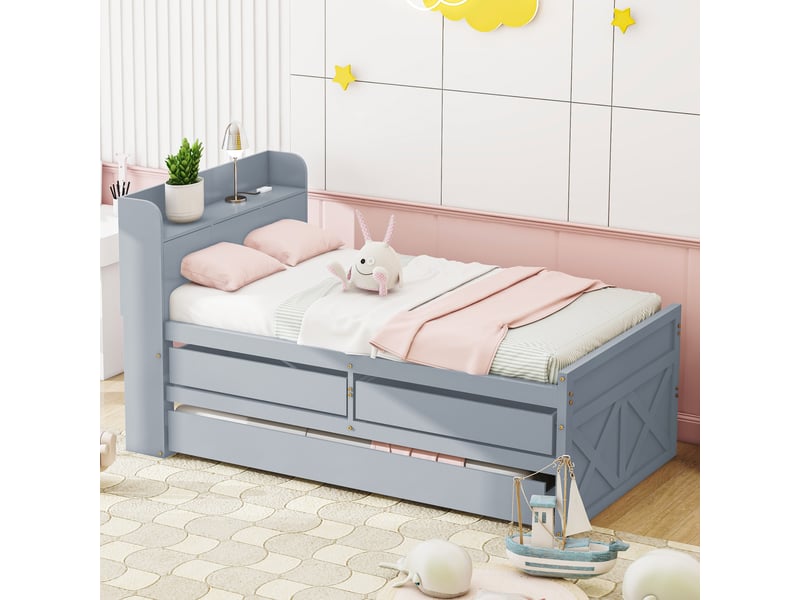  Lit simple 90 x 190 cm avec tiroir et prise usb, lit gigogne, lit enfant, tete de lit avec rangements, lit 1 personne, pin, gris  - Conforama R