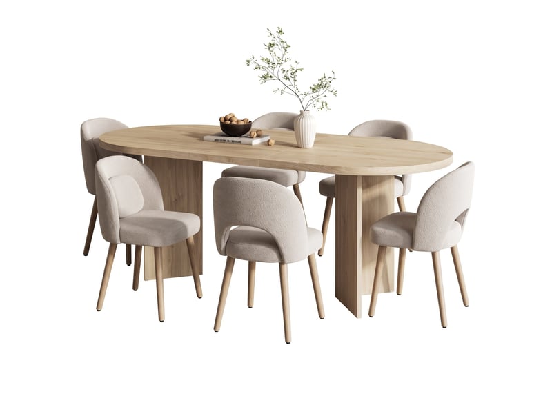  Ensemble table 200 x 90 cm et 6 chaises de salle à manger, coins arrondis, plateau épais, chaises en bois avec coussins, style épuré  - Conforama A