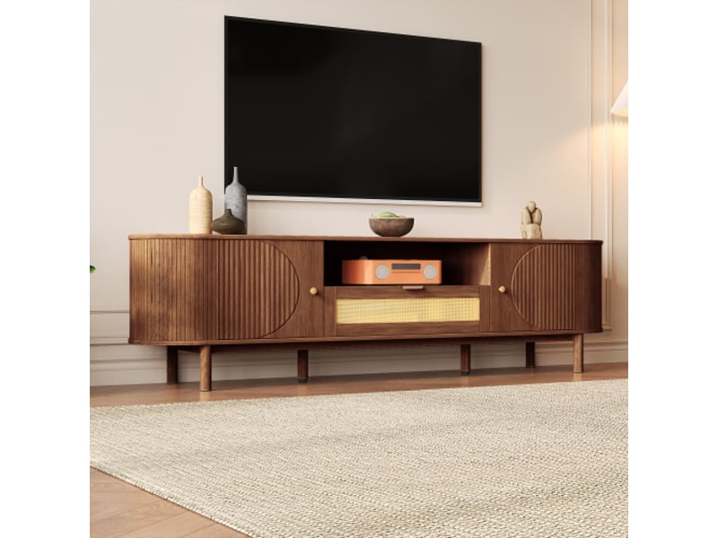  Meuble tv moderne en rotin avec tiroirs et casiers ouverts - plateau arrondi, pieds métal-bois, mobilier salon  - Conforama B
