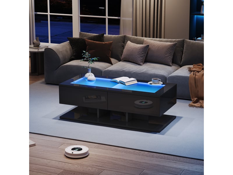  Table basse noire brillante avec tiroirs, table basse led verre trempé 100x50x35cm pour salon moderne  - Conforama B