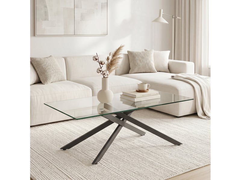  Table basse en verre trempé avec plateau transparent et structure en métal noir pour salon 100 × 60 × 46 cm  - Conforama B