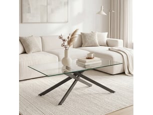 Table basse en verre trempé avec plateau transparent et structure en métal noir pour salon 100 × 60 × 46 cm