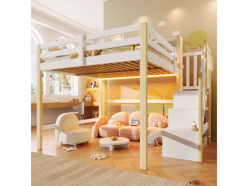  Lit superposé 140x200 cm, lit enfant, rangement, échelle sécurisée, led, bois de pin blanc et naturel  - Conforama E