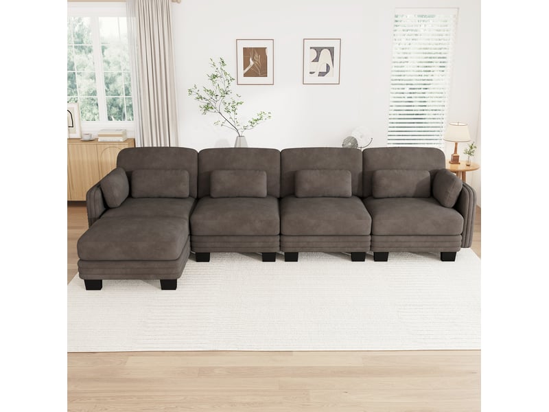 Canapé d’angle modulable 4 places avec ottomane 330x143x88 cm en chenille marron - Conforama W